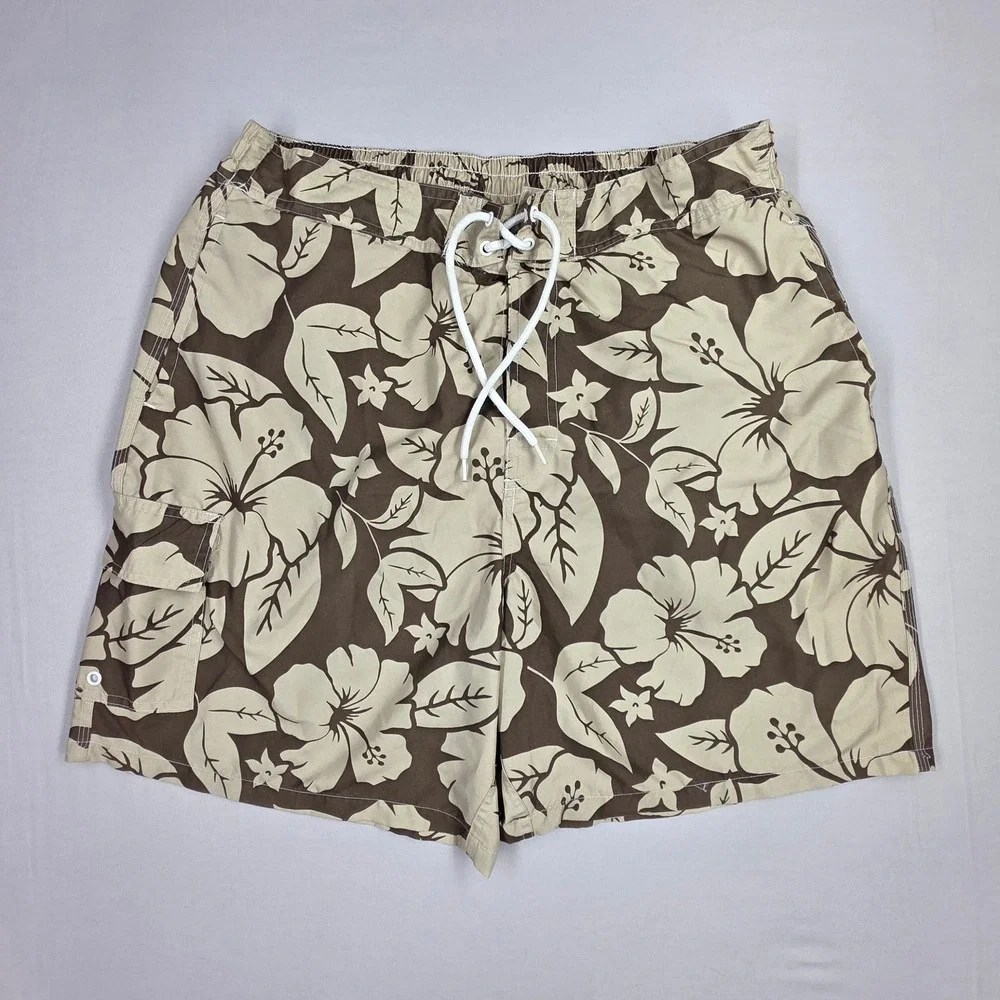 Islander Mens Large Brown Tan Hibiscus Floral Swim Trunks Board Shorts Cargo